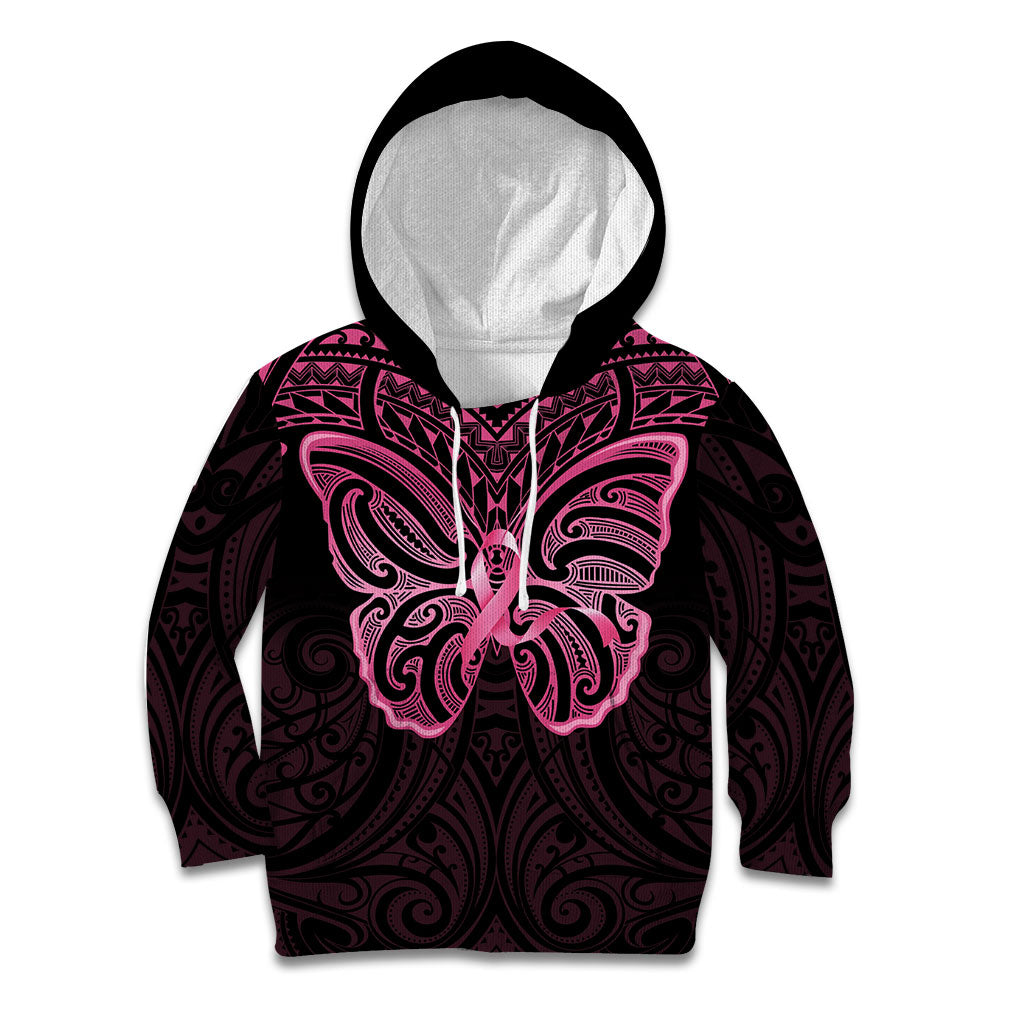 New Zealand Breast Cancer Support Kid Hoodie Maori Butterfly Pink Ribbon Black Version