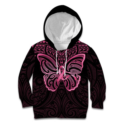 New Zealand Breast Cancer Support Kid Hoodie Maori Butterfly Pink Ribbon Black Version