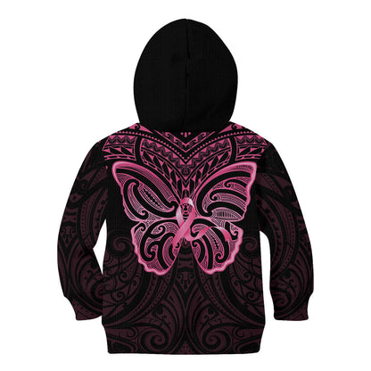 New Zealand Breast Cancer Support Kid Hoodie Maori Butterfly Pink Ribbon Black Version