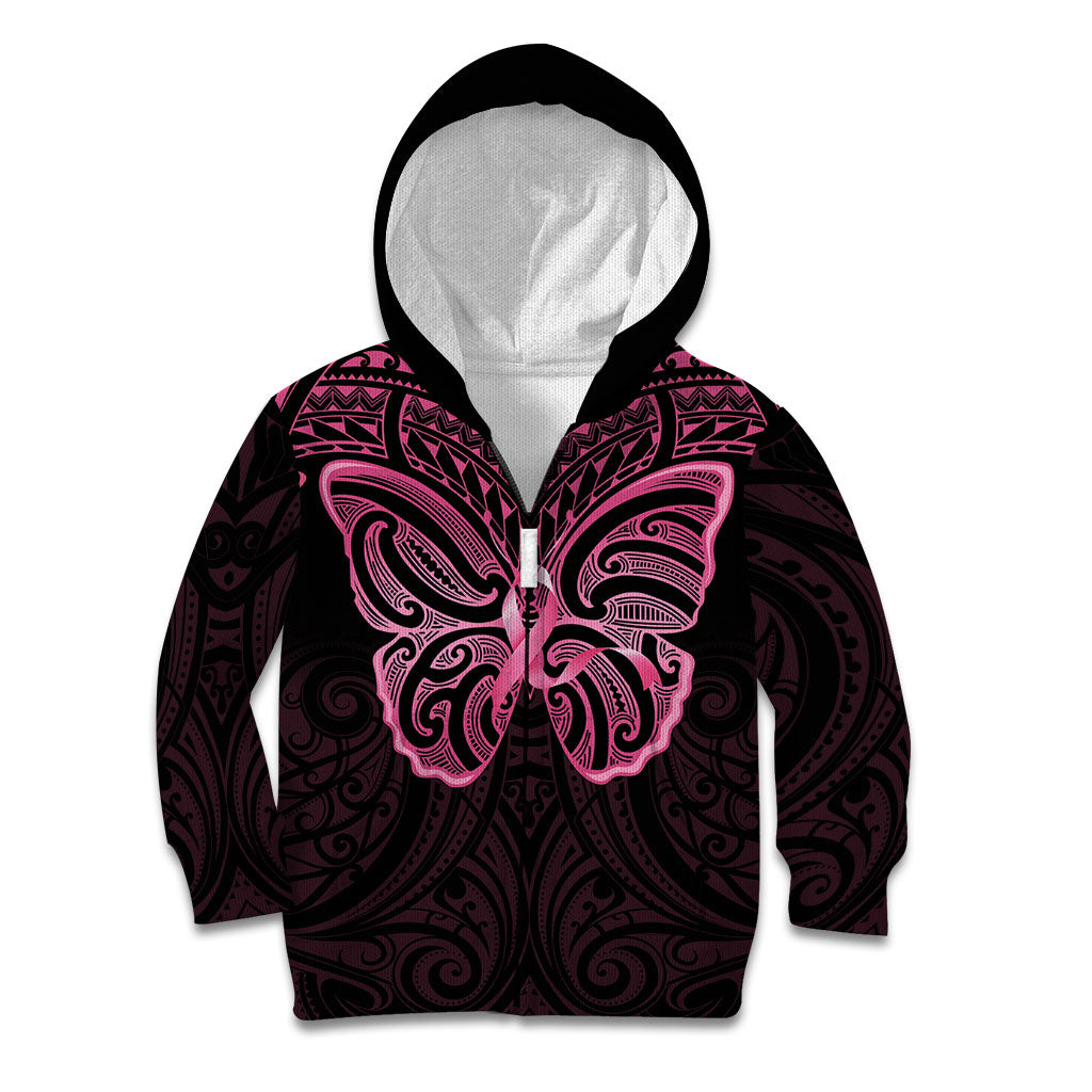 New Zealand Breast Cancer Support Kid Hoodie Maori Butterfly Pink Ribbon Black Version