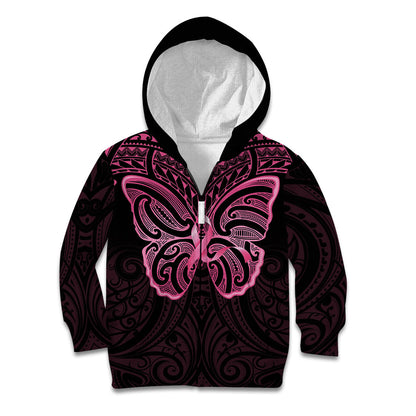 New Zealand Breast Cancer Support Kid Hoodie Maori Butterfly Pink Ribbon Black Version