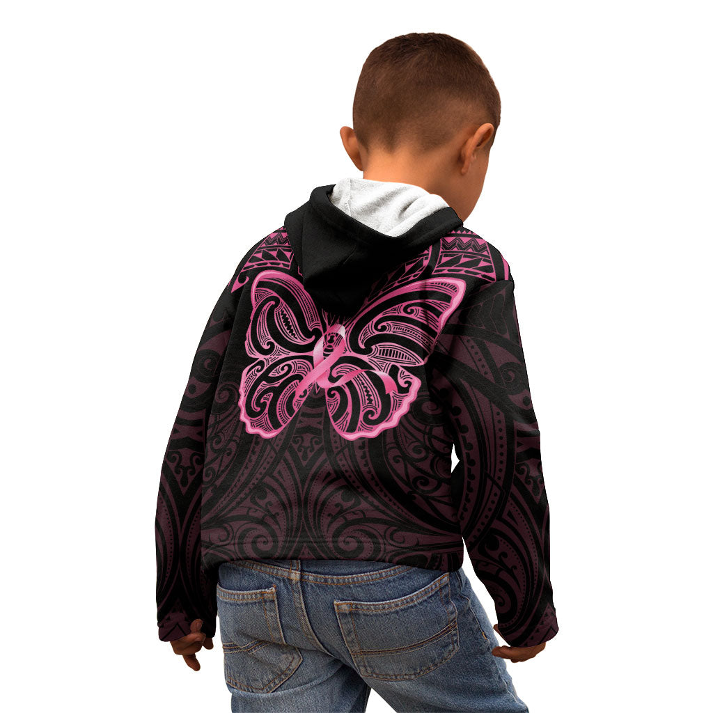 New Zealand Breast Cancer Support Kid Hoodie Maori Butterfly Pink Ribbon Black Version