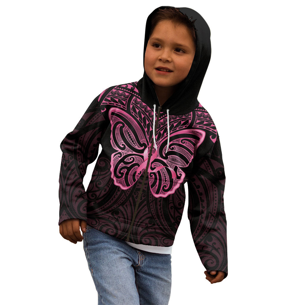New Zealand Breast Cancer Support Kid Hoodie Maori Butterfly Pink Ribbon Black Version
