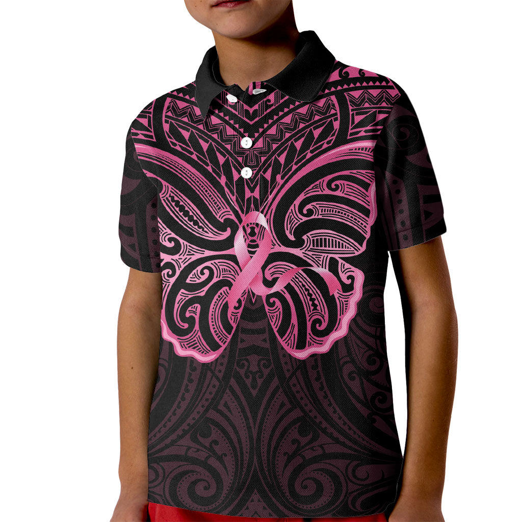 New Zealand Breast Cancer Support Kid Polo Shirt Maori Butterfly Pink Ribbon Black Version