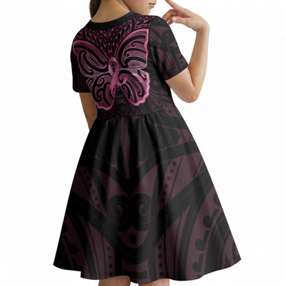 New Zealand Breast Cancer Support Kid Short Sleeve Dress Maori Butterfly Pink Ribbon Black Version