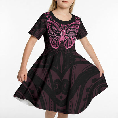 New Zealand Breast Cancer Support Kid Short Sleeve Dress Maori Butterfly Pink Ribbon Black Version