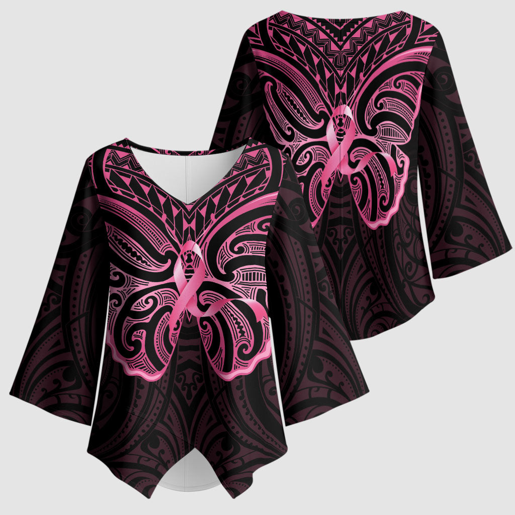 New Zealand Breast Cancer Support Kimono Sleeve Blouse Maori Butterfly Pink Ribbon Black Version