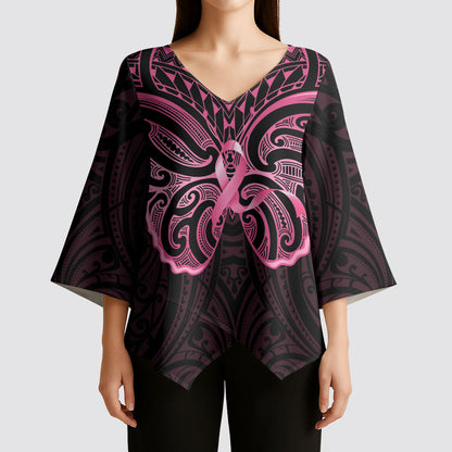 New Zealand Breast Cancer Support Kimono Sleeve Blouse Maori Butterfly Pink Ribbon Black Version