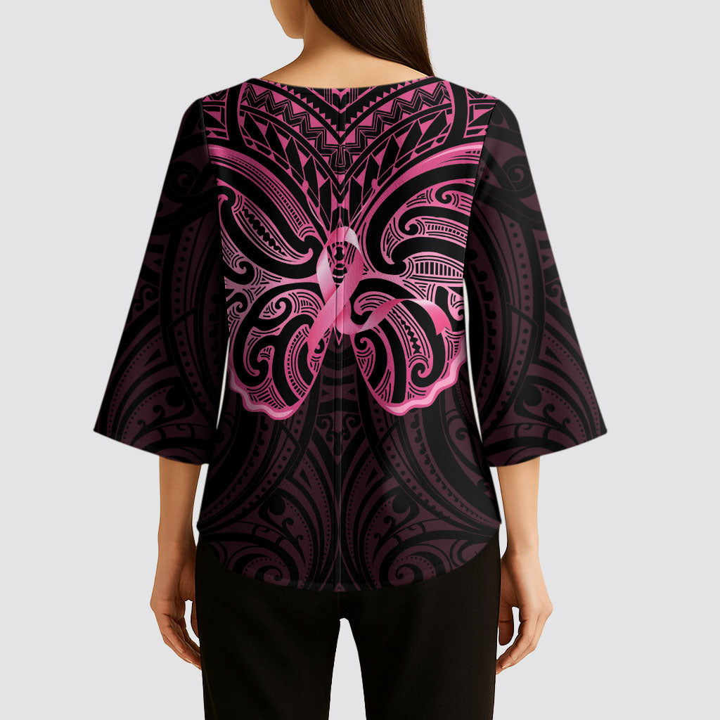 New Zealand Breast Cancer Support Kimono Sleeve Blouse Maori Butterfly Pink Ribbon Black Version