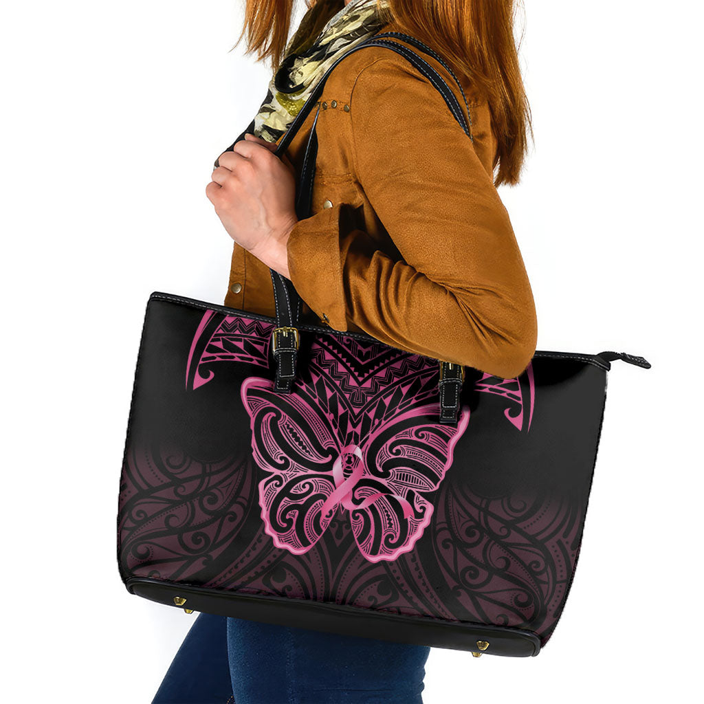 New Zealand Breast Cancer Support Leather Tote Bag Maori Butterfly Pink Ribbon Black Version