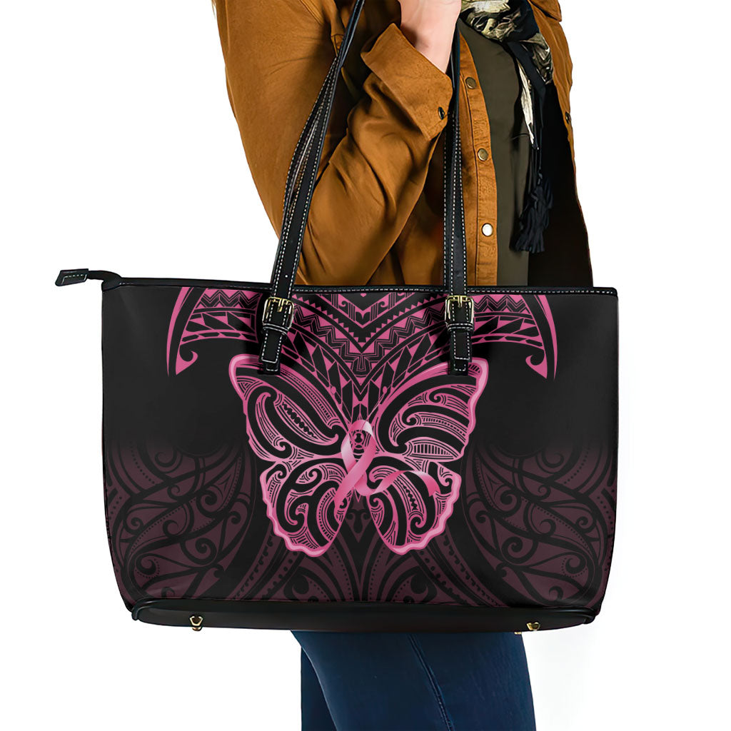 New Zealand Breast Cancer Support Leather Tote Bag Maori Butterfly Pink Ribbon Black Version