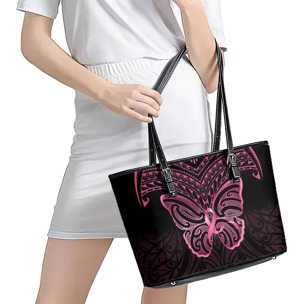 New Zealand Breast Cancer Support Leather Tote Bag Maori Butterfly Pink Ribbon Black Version