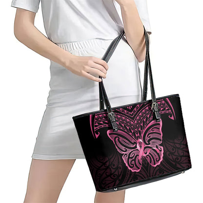 New Zealand Breast Cancer Support Leather Tote Bag Maori Butterfly Pink Ribbon Black Version