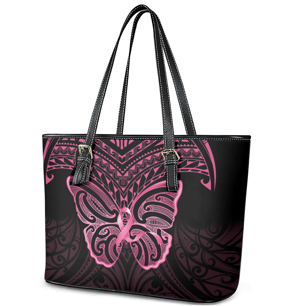 New Zealand Breast Cancer Support Leather Tote Bag Maori Butterfly Pink Ribbon Black Version