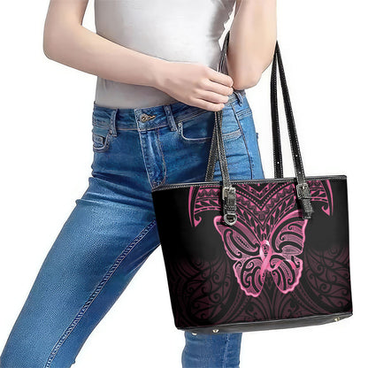 New Zealand Breast Cancer Support Leather Tote Bag Maori Butterfly Pink Ribbon Black Version