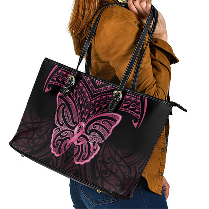 New Zealand Breast Cancer Support Leather Tote Bag Maori Butterfly Pink Ribbon Black Version