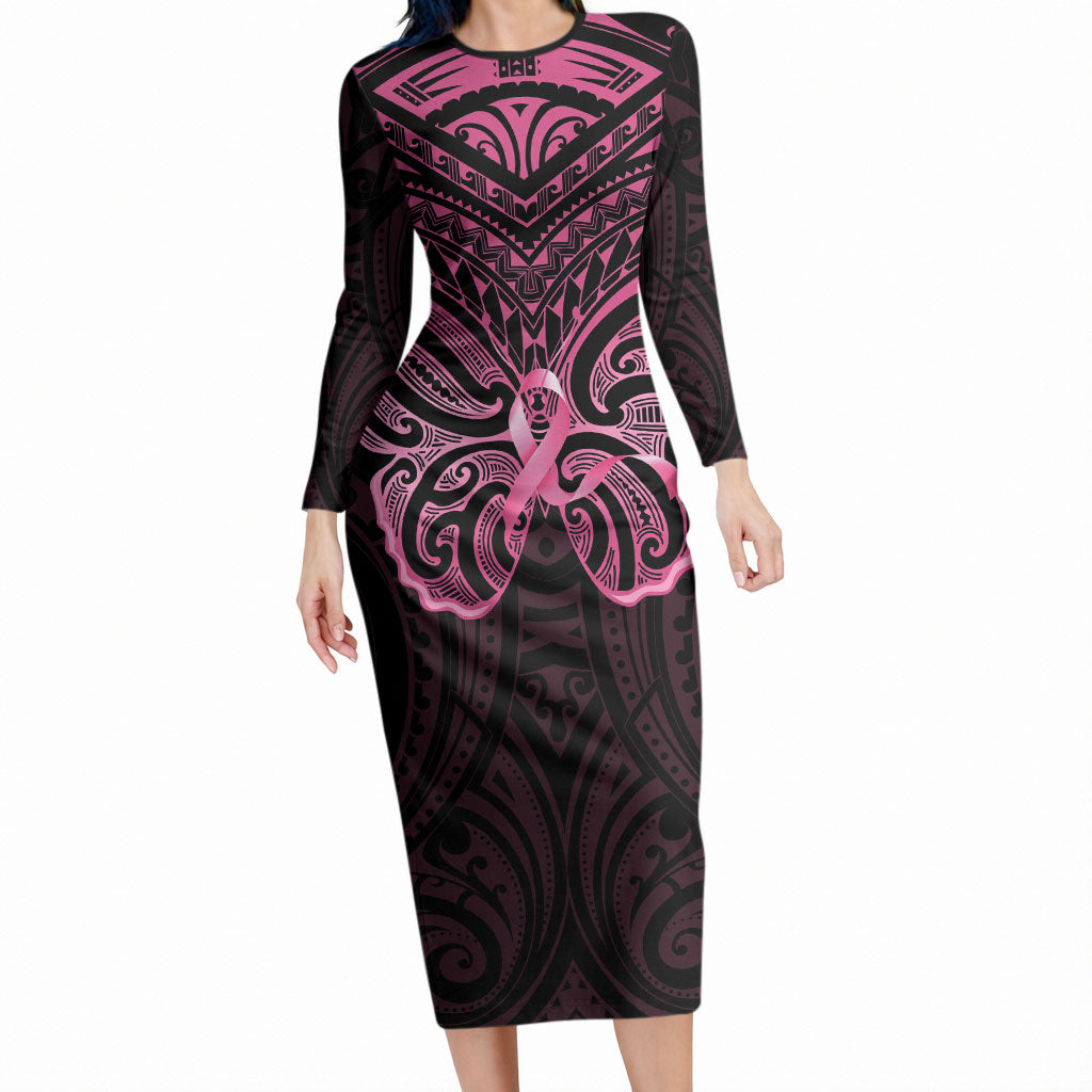 New Zealand Breast Cancer Support Long Sleeve Bodycon Dress Maori Butterfly Pink Ribbon Black Version