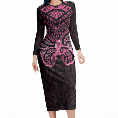 New Zealand Breast Cancer Support Long Sleeve Bodycon Dress Maori Butterfly Pink Ribbon Black Version