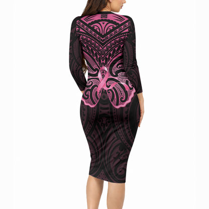 New Zealand Breast Cancer Support Long Sleeve Bodycon Dress Maori Butterfly Pink Ribbon Black Version