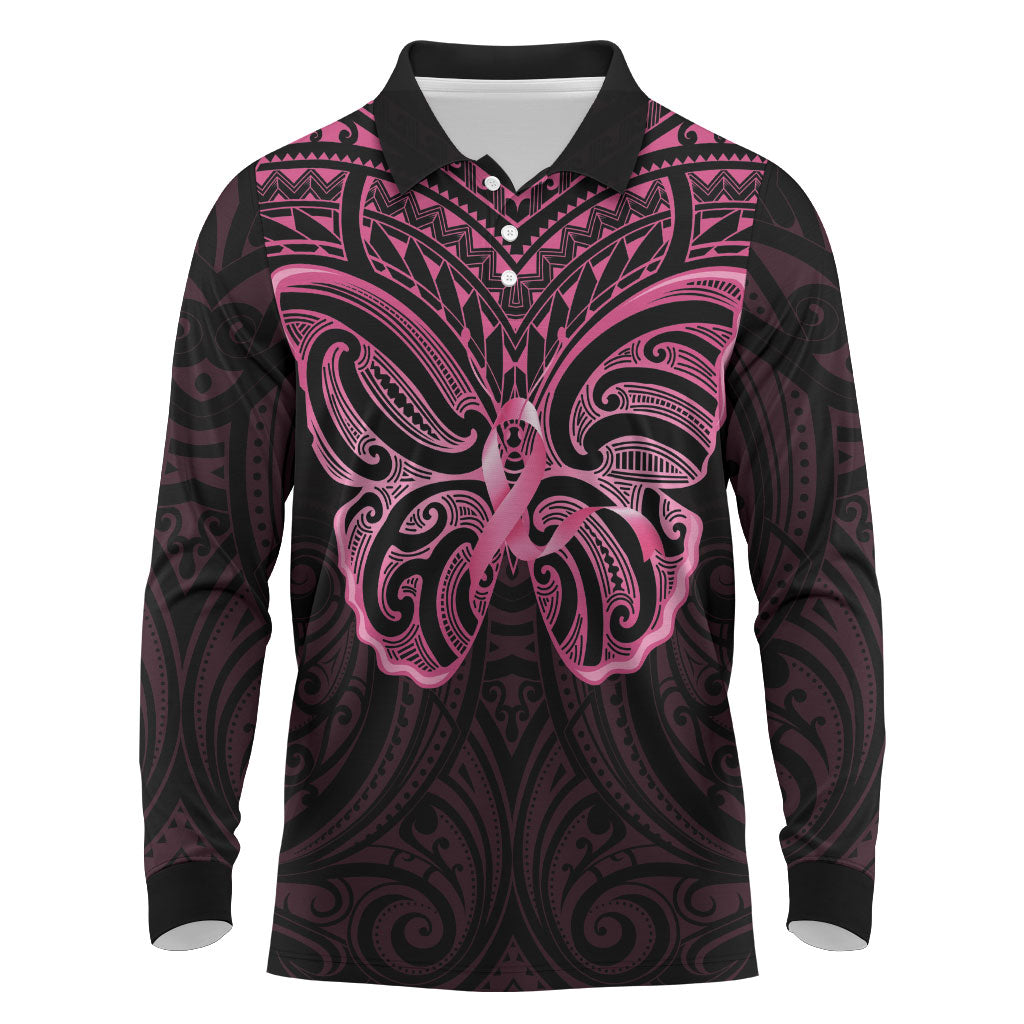 New Zealand Breast Cancer Support Long Sleeve Polo Shirt Maori Butterfly Pink Ribbon Black Version