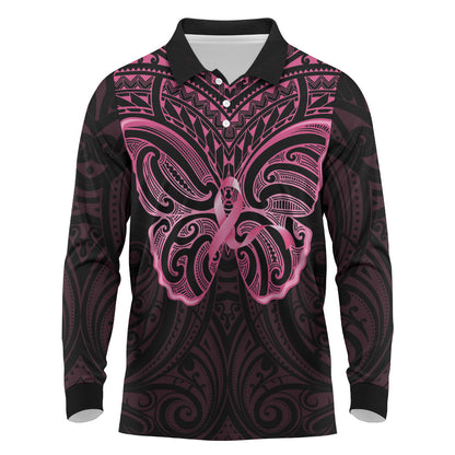New Zealand Breast Cancer Support Long Sleeve Polo Shirt Maori Butterfly Pink Ribbon Black Version