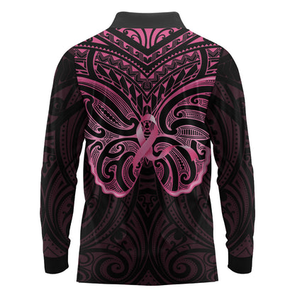 New Zealand Breast Cancer Support Long Sleeve Polo Shirt Maori Butterfly Pink Ribbon Black Version