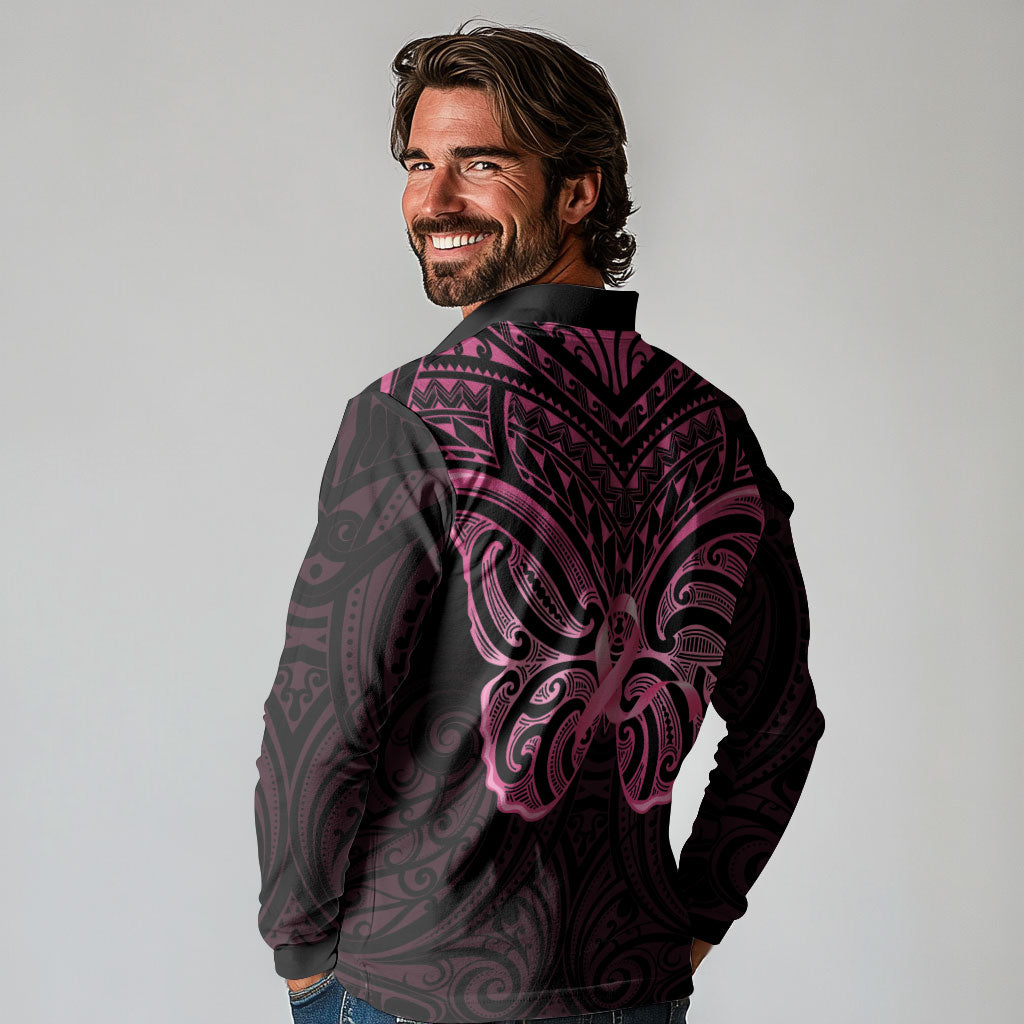 New Zealand Breast Cancer Support Long Sleeve Polo Shirt Maori Butterfly Pink Ribbon Black Version