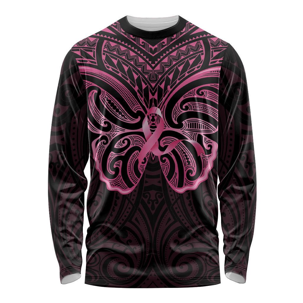 New Zealand Breast Cancer Support Long Sleeve Shirt Maori Butterfly Pink Ribbon Black Version
