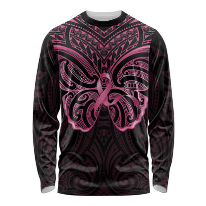 New Zealand Breast Cancer Support Long Sleeve Shirt Maori Butterfly Pink Ribbon Black Version
