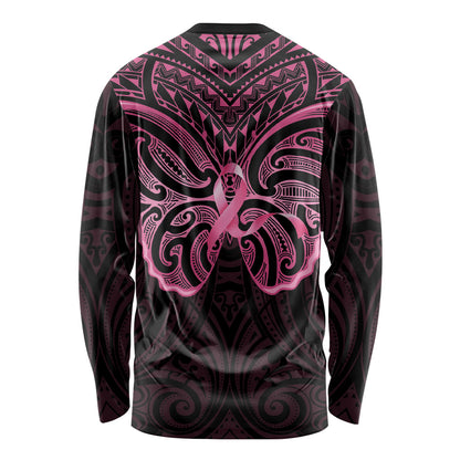 New Zealand Breast Cancer Support Long Sleeve Shirt Maori Butterfly Pink Ribbon Black Version