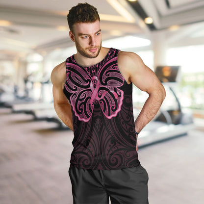 New Zealand Breast Cancer Support Men Tank Top Maori Butterfly Pink Ribbon Black Version