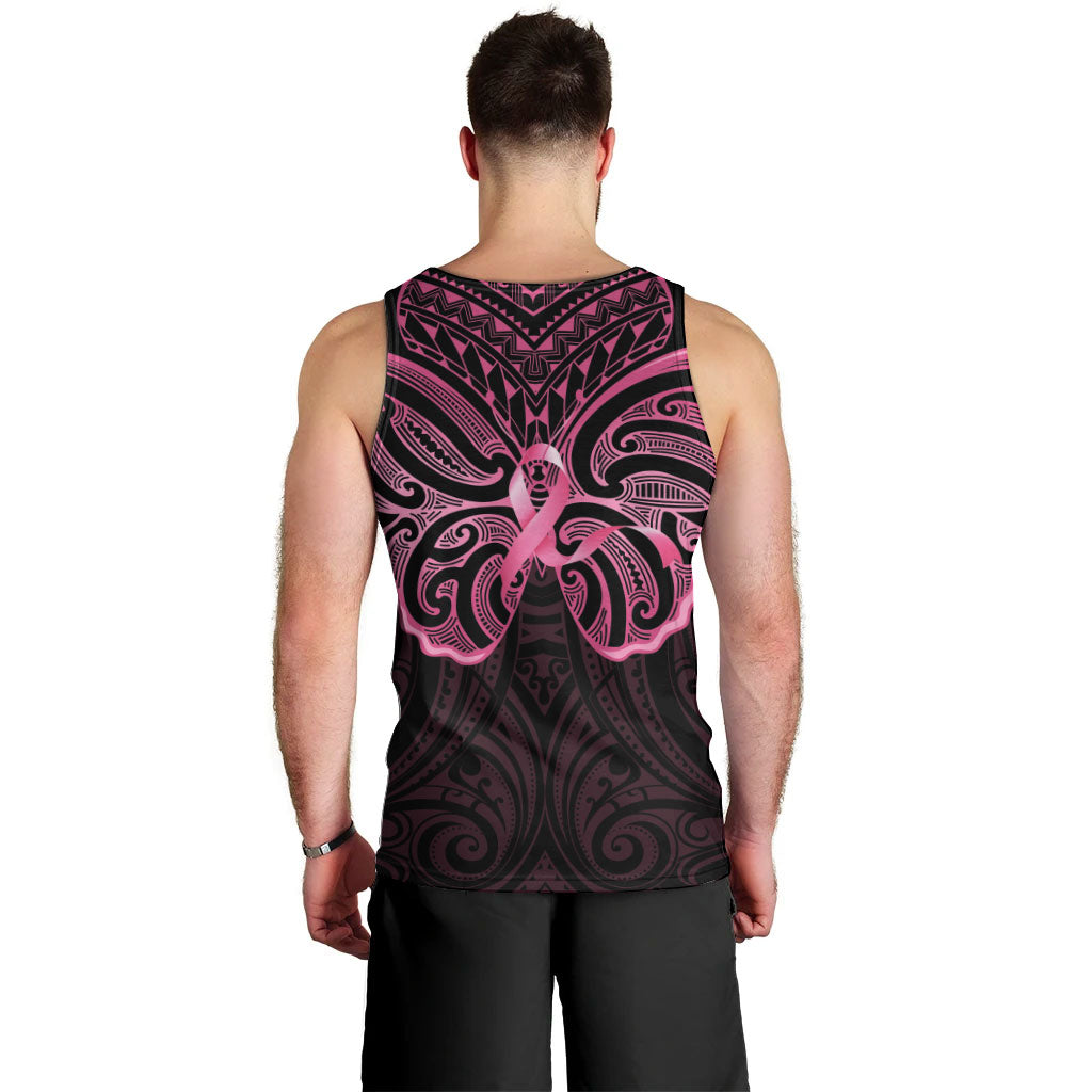 New Zealand Breast Cancer Support Men Tank Top Maori Butterfly Pink Ribbon Black Version