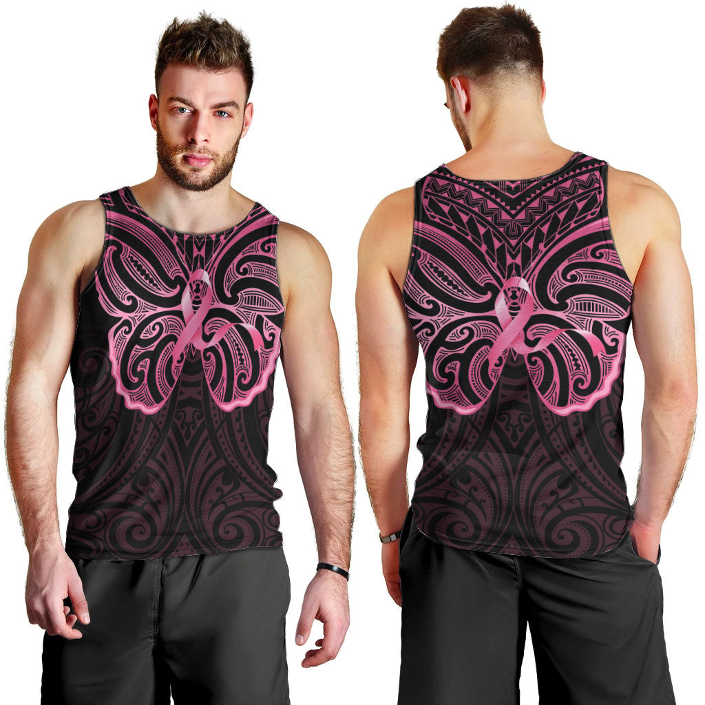 New Zealand Breast Cancer Support Men Tank Top Maori Butterfly Pink Ribbon Black Version
