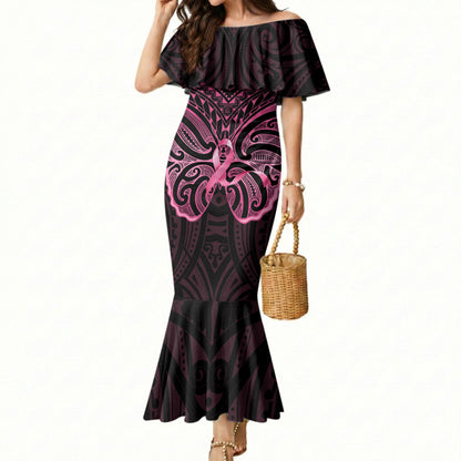 New Zealand Breast Cancer Support Mermaid Dress Maori Butterfly Pink Ribbon Black Version