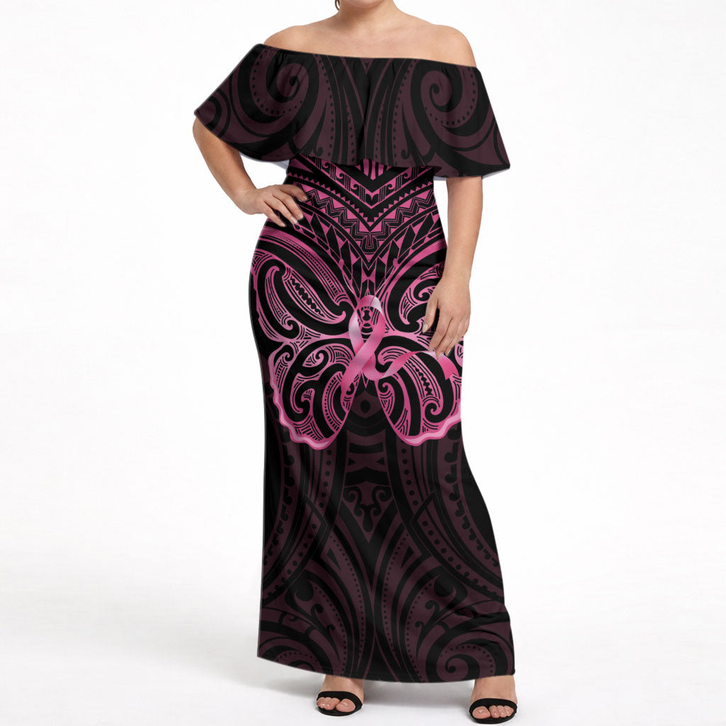 New Zealand Breast Cancer Support Off Shoulder Maxi Dress Maori Butterfly Pink Ribbon Black Version