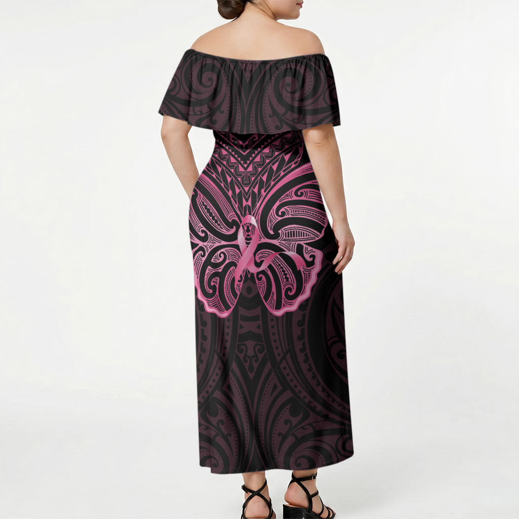 New Zealand Breast Cancer Support Off Shoulder Maxi Dress Maori Butterfly Pink Ribbon Black Version