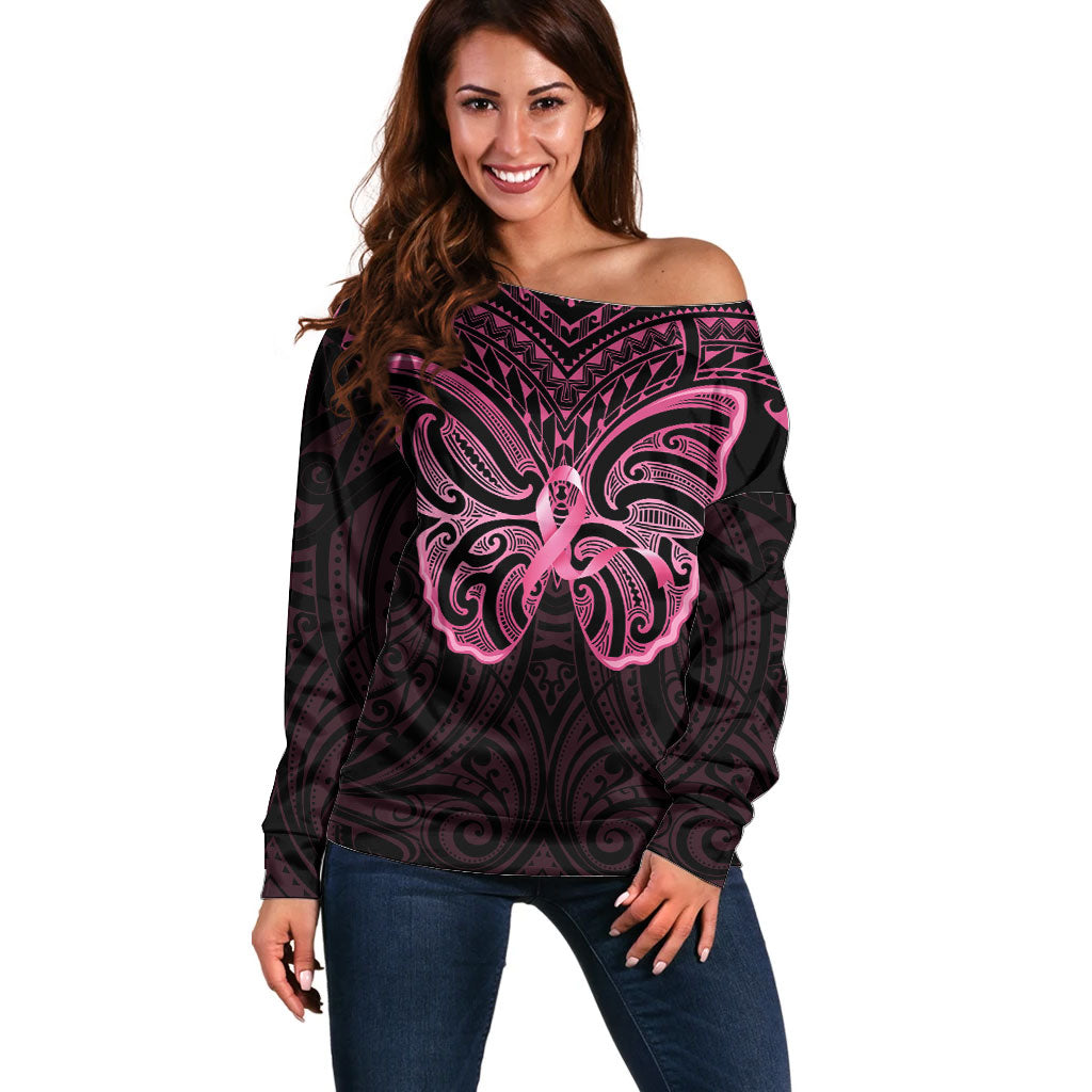 New Zealand Breast Cancer Support Off Shoulder Sweater Maori Butterfly Pink Ribbon Black Version