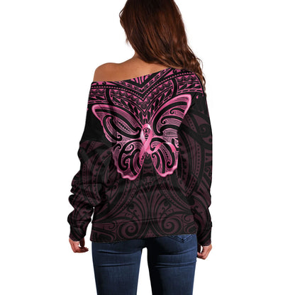 New Zealand Breast Cancer Support Off Shoulder Sweater Maori Butterfly Pink Ribbon Black Version