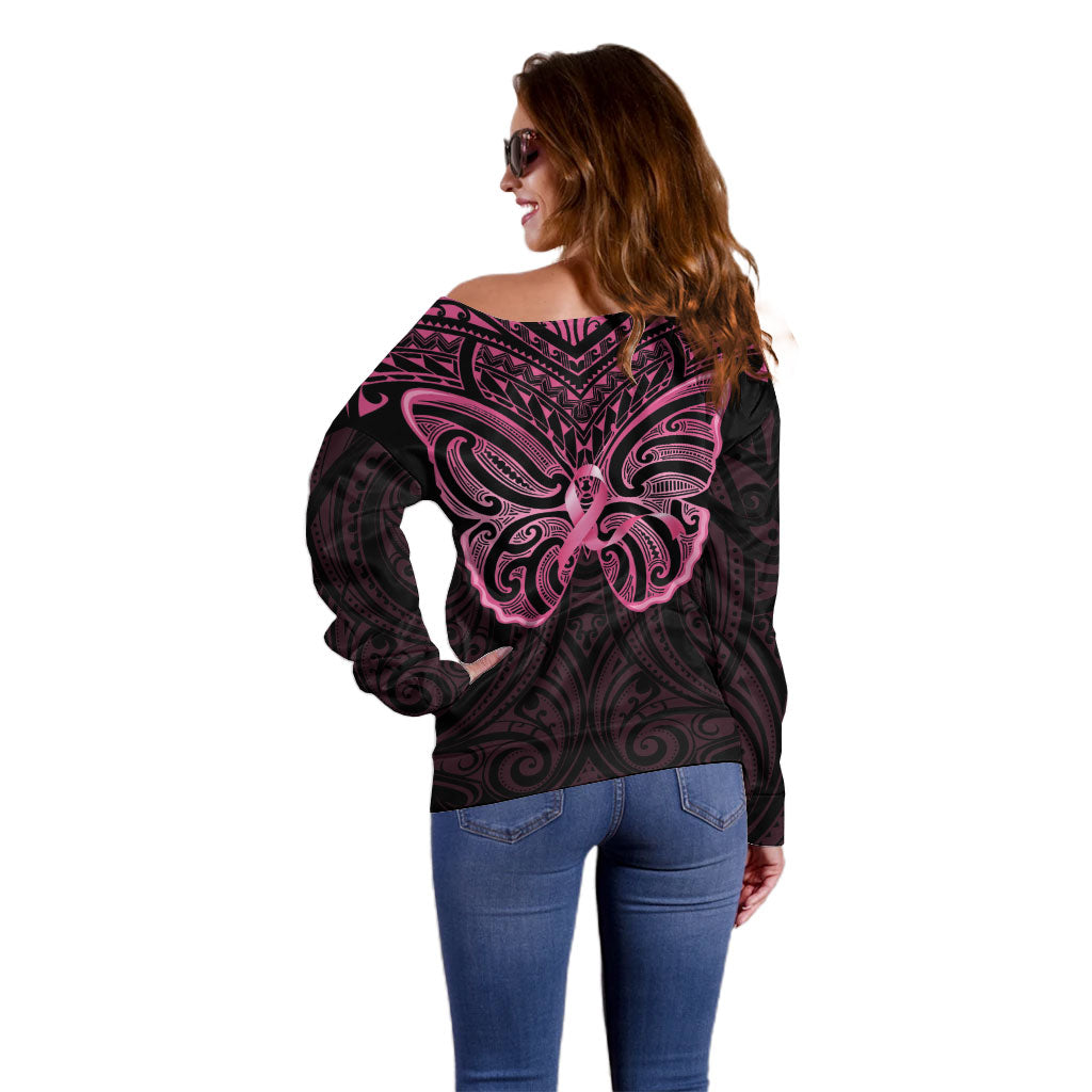 New Zealand Breast Cancer Support Off Shoulder Sweater Maori Butterfly Pink Ribbon Black Version