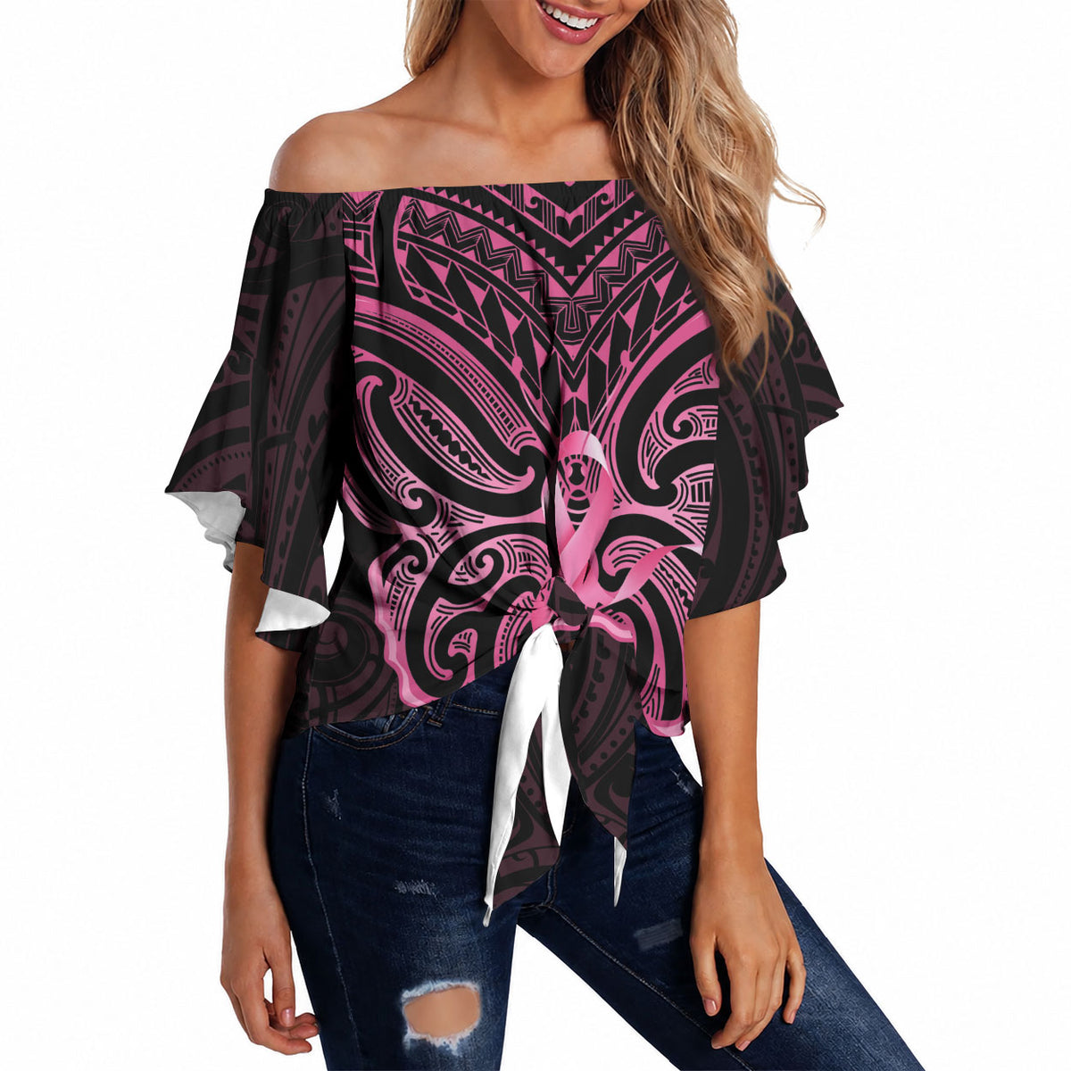 New Zealand Breast Cancer Support Off Shoulder Wrap Waist Top Maori Butterfly Pink Ribbon Black Version