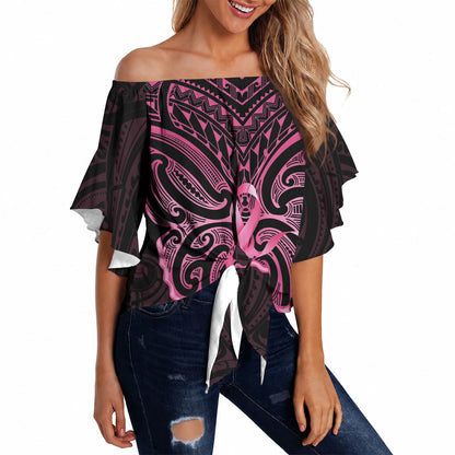 New Zealand Breast Cancer Support Off Shoulder Wrap Waist Top Maori Butterfly Pink Ribbon Black Version