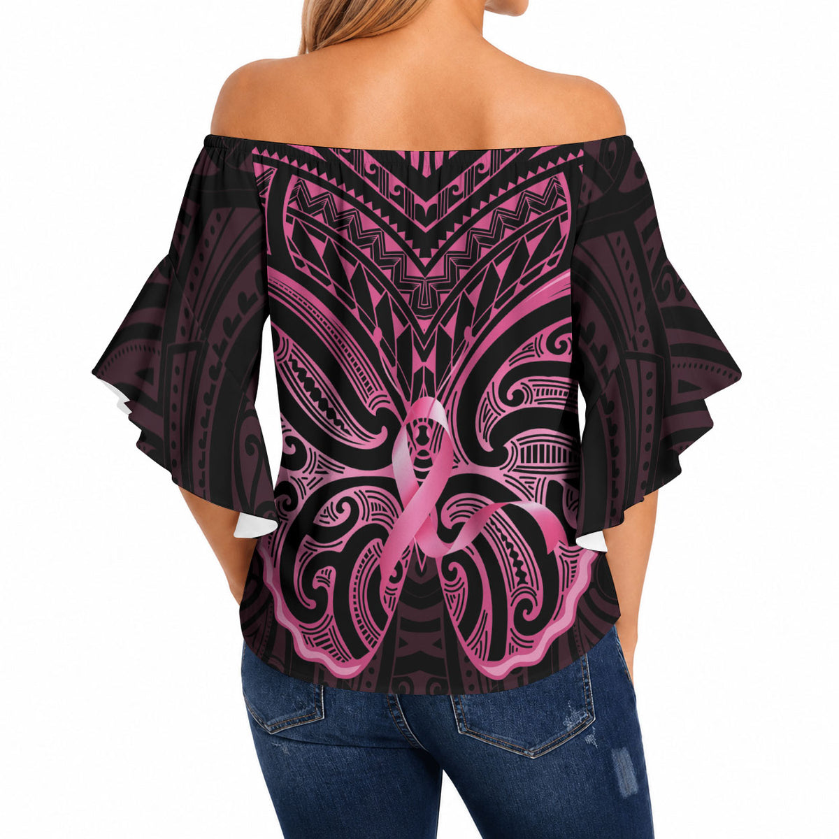 New Zealand Breast Cancer Support Off Shoulder Wrap Waist Top Maori Butterfly Pink Ribbon Black Version