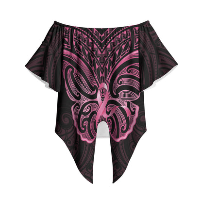 New Zealand Breast Cancer Support Off Shoulder Wrap Waist Top Maori Butterfly Pink Ribbon Black Version