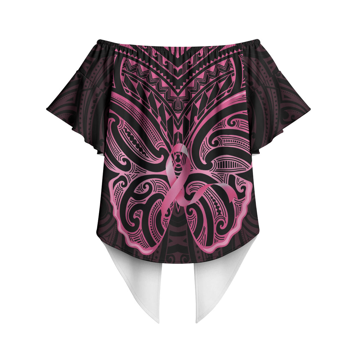 New Zealand Breast Cancer Support Off Shoulder Wrap Waist Top Maori Butterfly Pink Ribbon Black Version