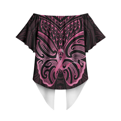 New Zealand Breast Cancer Support Off Shoulder Wrap Waist Top Maori Butterfly Pink Ribbon Black Version