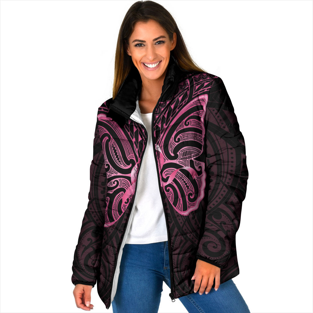 New Zealand Breast Cancer Support Padded Jacket Maori Butterfly Pink Ribbon Black Version