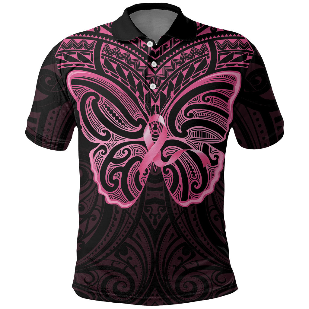 New Zealand Breast Cancer Support Polo Shirt Maori Butterfly Pink Ribbon Black Version