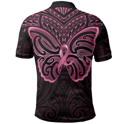 New Zealand Breast Cancer Support Polo Shirt Maori Butterfly Pink Ribbon Black Version