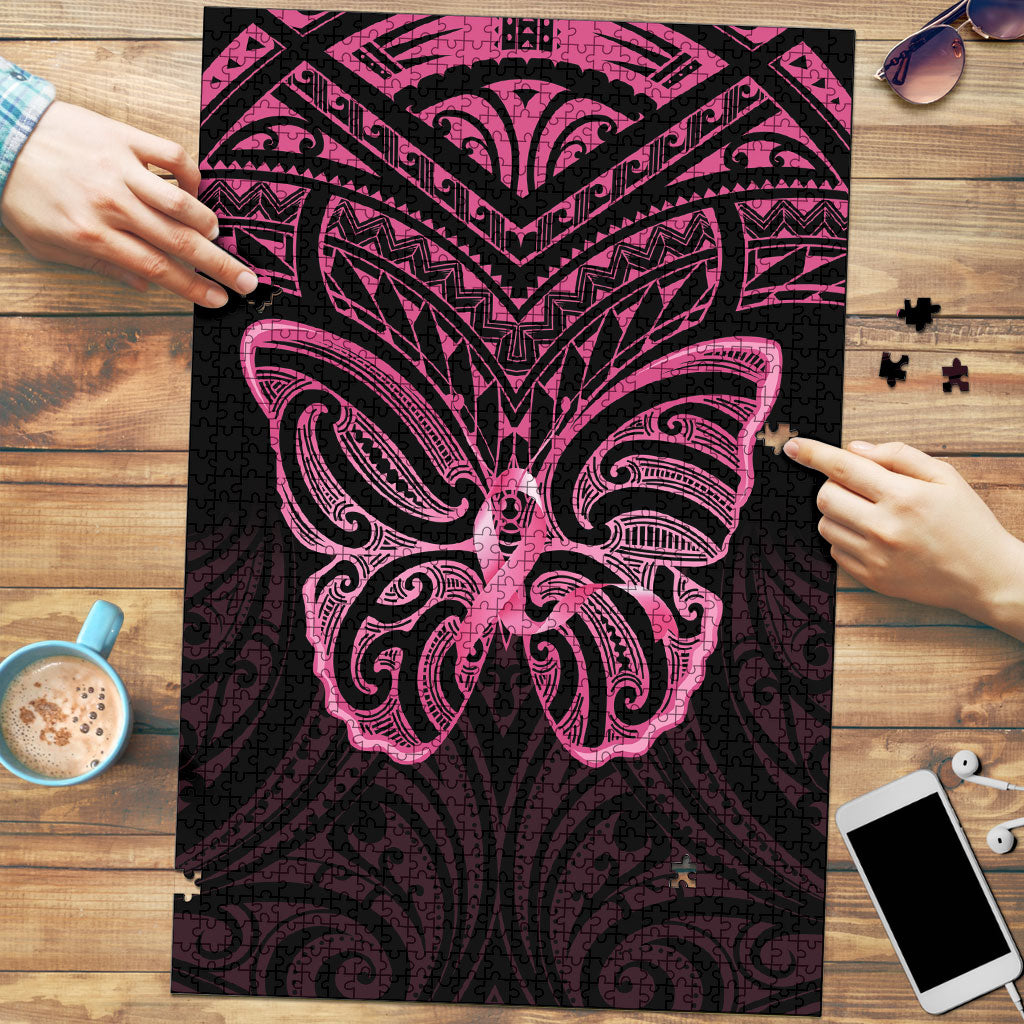 New Zealand Breast Cancer Support Puzzle Maori Butterfly Pink Ribbon Black Version