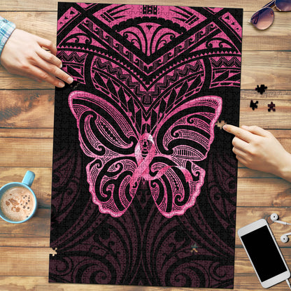 New Zealand Breast Cancer Support Puzzle Maori Butterfly Pink Ribbon Black Version